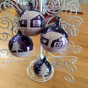 4 Vintage Christmas Poland Ornaments Bulbs Hanging Balls Flocked Snow